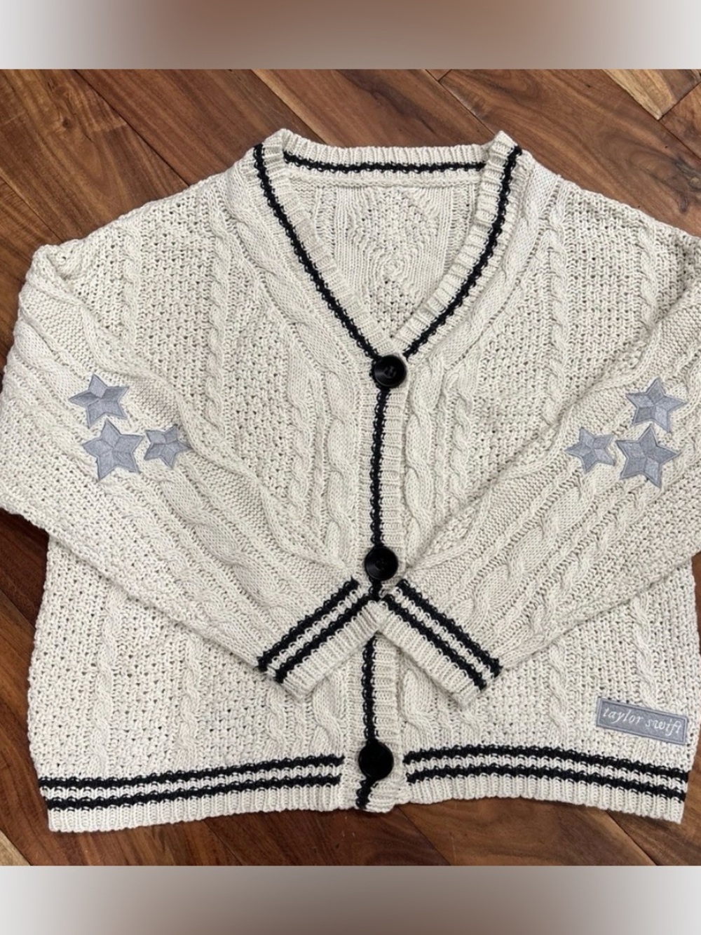 Taylor Swift folklore Cream Cable-Knit Cardigan with Black Trim s
